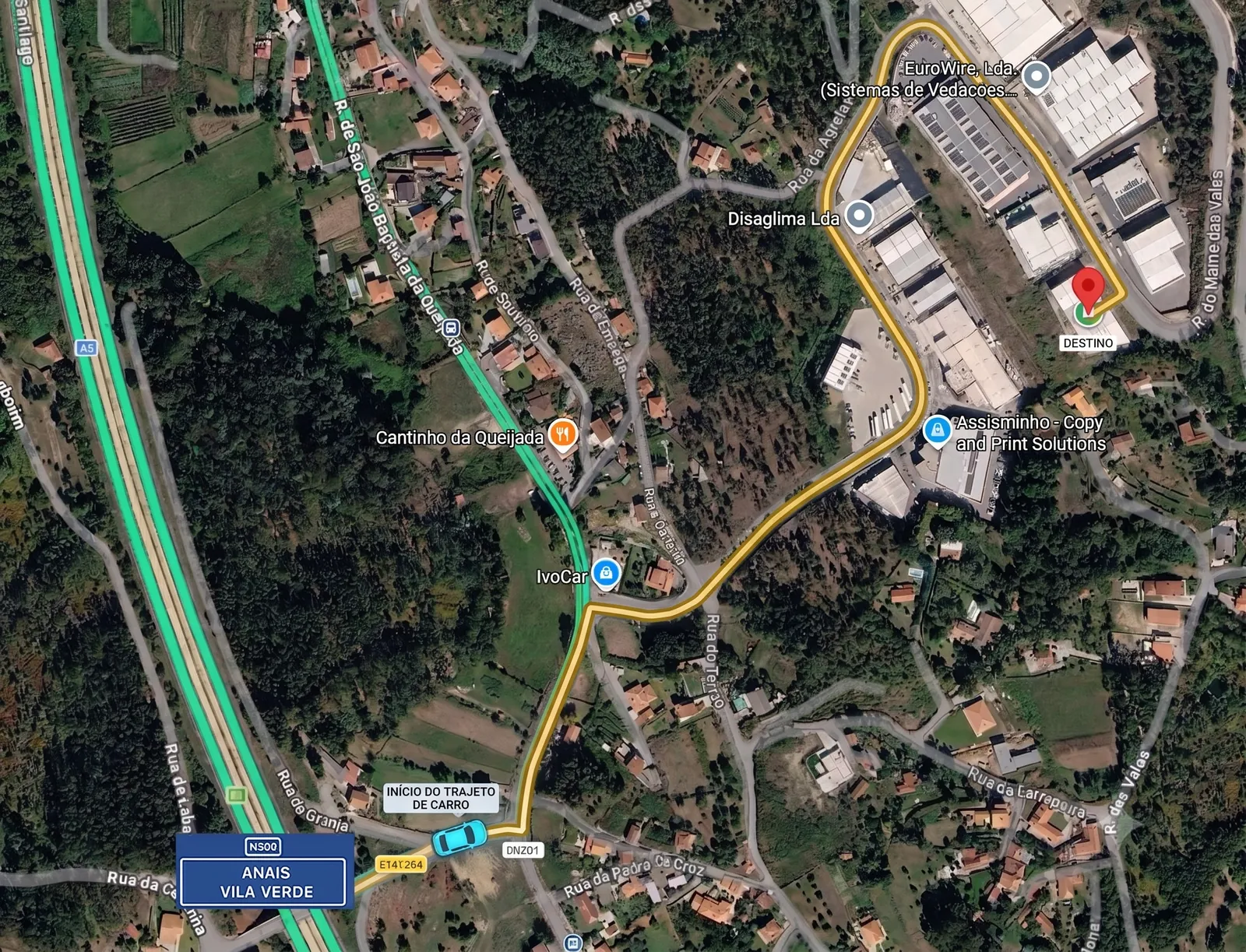 Mapa com o trajeto de acesso ao pavilhão industrial, desde a A5/Anais-Vila Verde até ao destino na Zona Industrial da Queijada, Ponte de Lima
